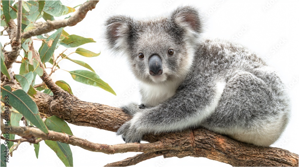 Obraz premium Majestic Koala Perched Eucalyptus Tree Branch White Background