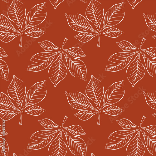 Chestnut autumn leaf seamless pattern in line art style. Design for seasonal wallpaper, package a red background.