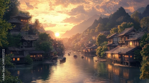 Serene Asian village at sunset