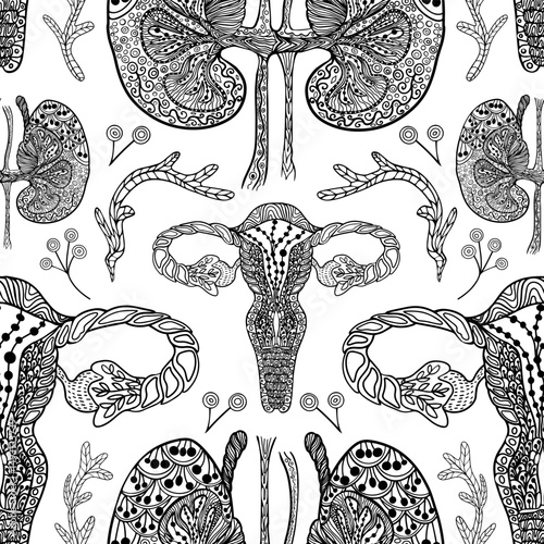 Seamless anatomical pattern of the female reproductive system featuring uterus, ovaries, and fallopian tubes in hand-drawn medical line art
