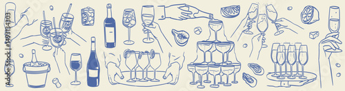 La dolce vita italian style. Hand drawn ink line wine, aperol spritz cocktail or champagne pyramid drawings. Sketch style bar or party Illustrations for wedding invitations, cafe or restaurant menus.
