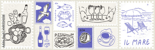 Italian Amalfi summer vacation doodle illustrations. Vector ink hand drawn Italy coast sea and nature, lemons, wine and food elements, prints, postal stamps or invitation card, poster and placard.