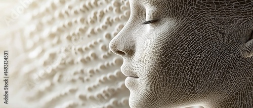 Serene visage rendered in intricate network of threads, embodying peace