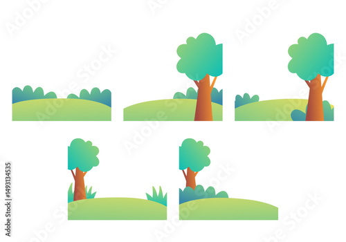 A set of gradient style trees, grass, and bushes perfect for nature landscape scenes, forest design, kids environment, or outdoor background projects.