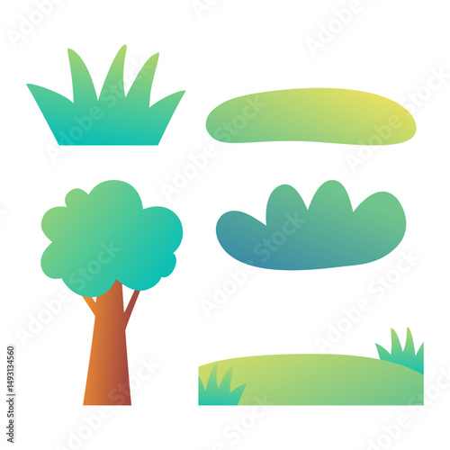 A set of gradient style trees, grass, and bushes perfect for nature landscape scenes, forest design, kids environment, or outdoor background projects.
