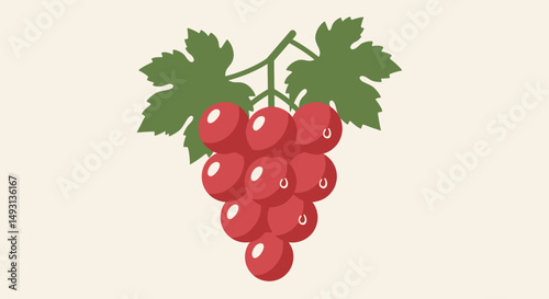 Red Grapes Cluster With Green Leaves On Light Beige Background
