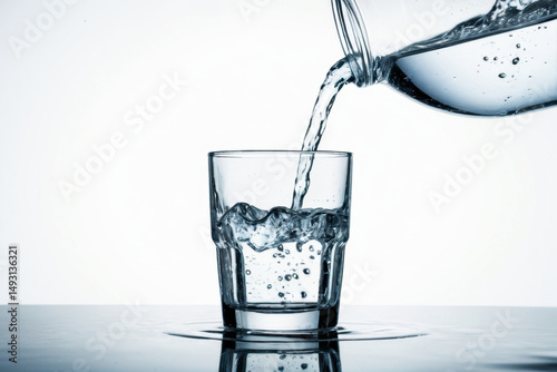 A clear liquid is being poured from one container into another