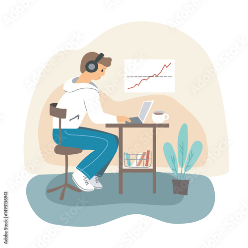 A man works with a laptop. Work from home                               