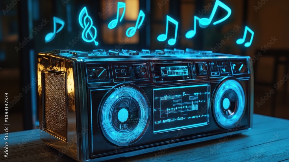 Fototapeta premium Retro boombox with glowing notes