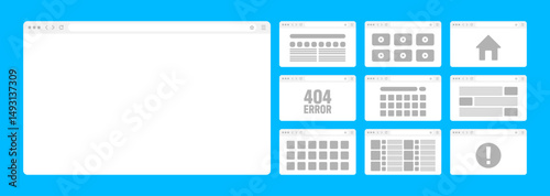 Web browser window, pages layout with toolbar and search field. Modern website, internet page in flat style. Browser mockup for computer, tablet and smartphone. Adaptive UI. Vector illustration