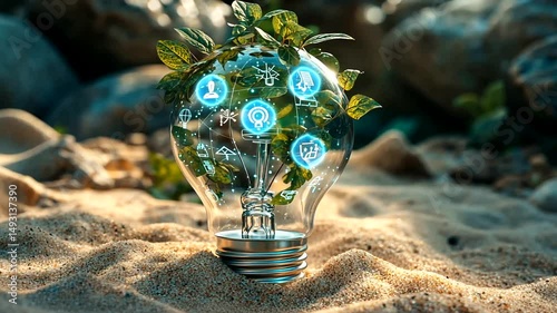 Lightbulb filled with leaves & icons on sand