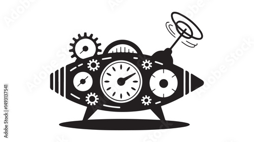 Vintage Steampunk Clock with Gears and Antenna, Combining Clockwork and Modern Technology in a Unique, Intricate Design. Perfect for Representing Time, Mechanics, and Innovation.