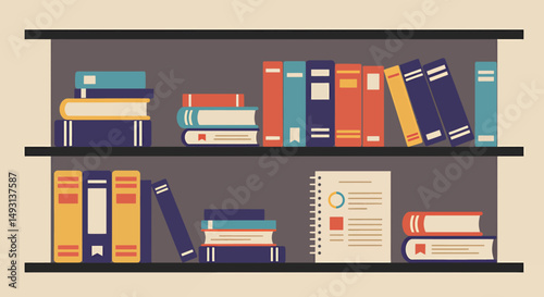 Pixel Art Bookshelf With Stacked Books And Documents
