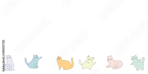 Row of colorful cats sitting, stretching, and walking, adorable pet pattern, modern vector illustration