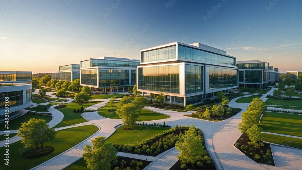 Fototapeta premium Modern office park at sunset. The contemporary architecture and landscaped grounds create a tranquil and productive atmosphere.
