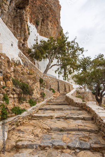 Stone steps that lead to the Hozoviotissa Monastery. Amorgos island. Cyclades, Greece