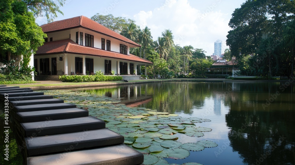Fototapeta premium Tranquil house garden pond