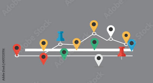 Multicolored Map Markers Showing Connections