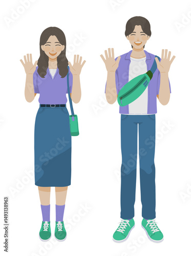 笑顔で両手を広げる女性と男性のイラスト