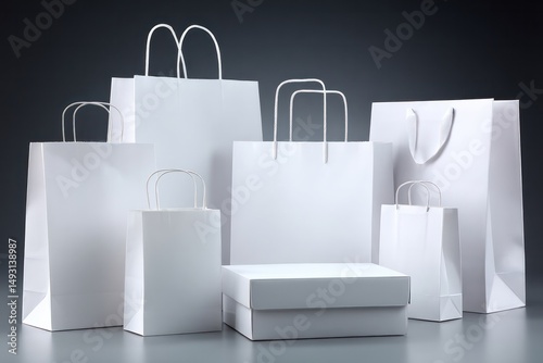 Creative mockup of white shopping bags and boxes studio setting product display minimalist design