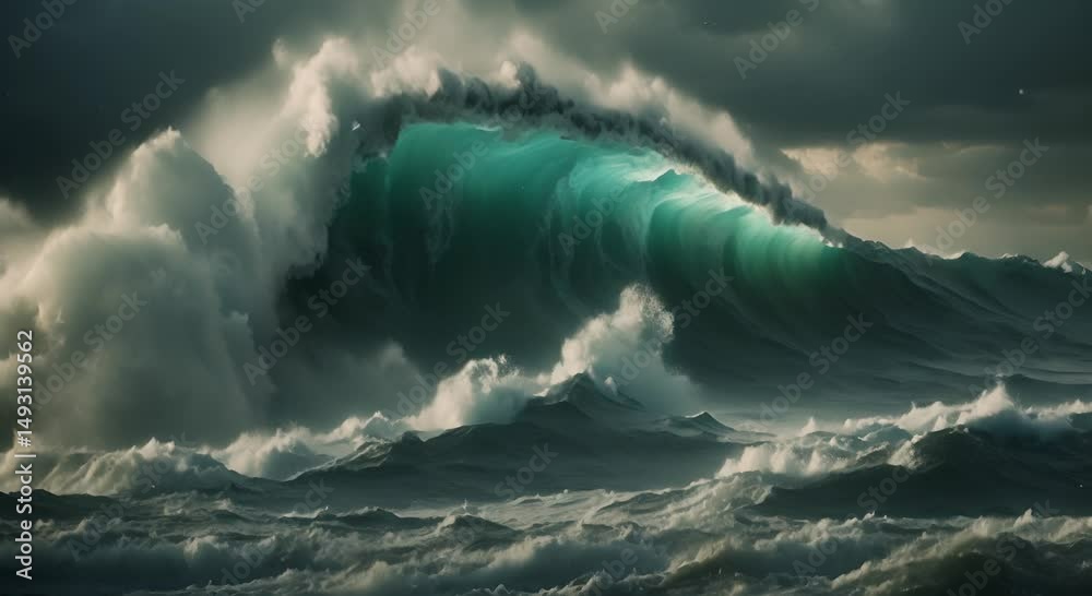 3D Animation stormy ocean big waves in the sea Camera goes underwater Ocean Waves During a Storm dark sky its raining 4K