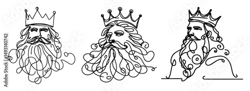 king face line art set with crown in minimalist outline style