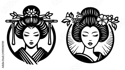 geisha portrait vector set in traditional japanese outline style