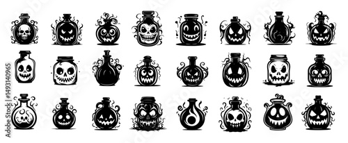 halloween potion bottle icons with spooky faces in black and white