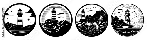 lighthouse emblem vector set in black and white circle design