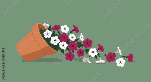 Overturned Terracotta Pot With Pink And White Flowers