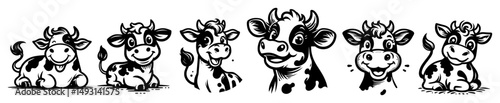 cute cow cartoon vector set in playful black and white style