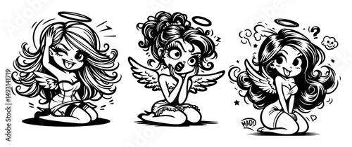 angel girl cartoon emotions vector set in black and white style