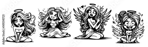 cute angel girl cartoon vector set in expressive black and white style