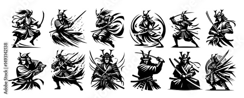 samurai warrior action pose vector set in bold black and white style