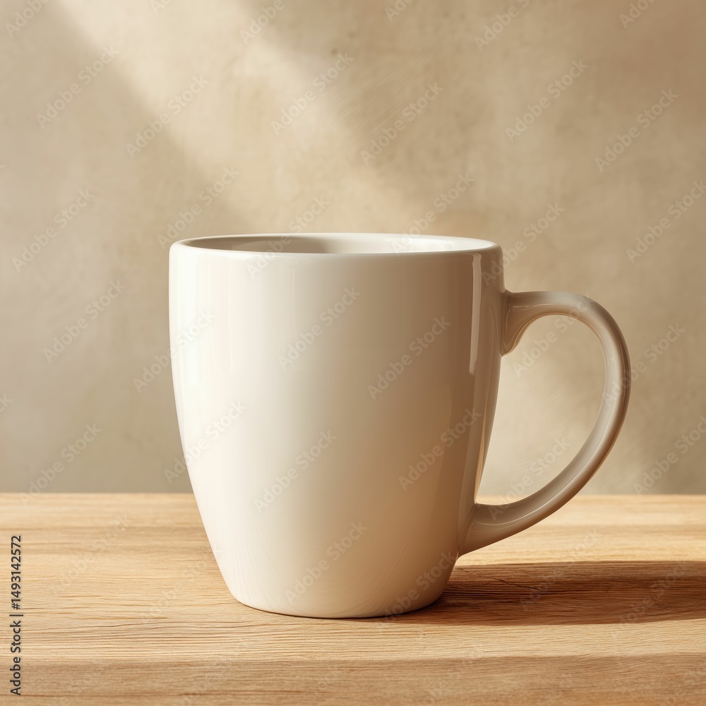 Obraz premium Mug mockup, White ceramic mug on wooden table with front-facing soft light and no shadow for cozy design display, Ai generate..