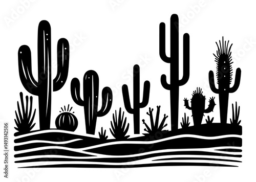 cactus landscape vector illustration in minimal black and white style