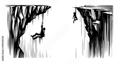 cliff climbing vector scene in dynamic black and white style