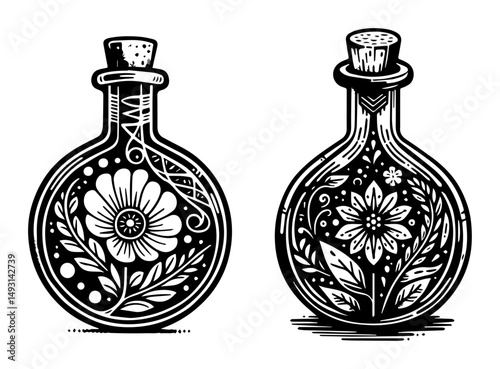 decorative potion bottle vector set with floral black and white design