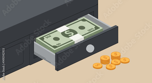 Pixelated Cash Register Drawer With Money And Coins