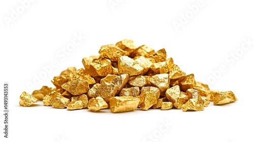 A pile of raw gold nuggets sits isolated on a white background providing ample copy space ideal for illustrating articles about gold devaluation and precious metal market