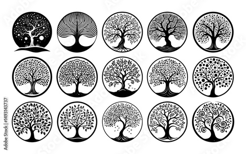 tree of life emblem vector pack in circular silhouette engraving style