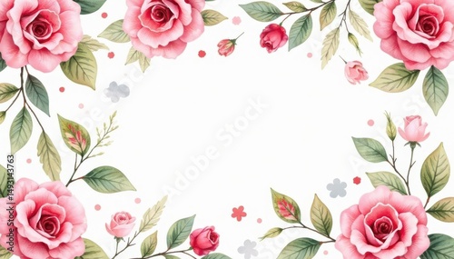 Delicate watercolor roses & leaves, repeating pattern, petals, pink