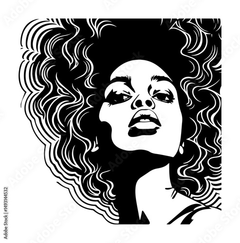 afro woman pop art portrait vector in bold engraving style