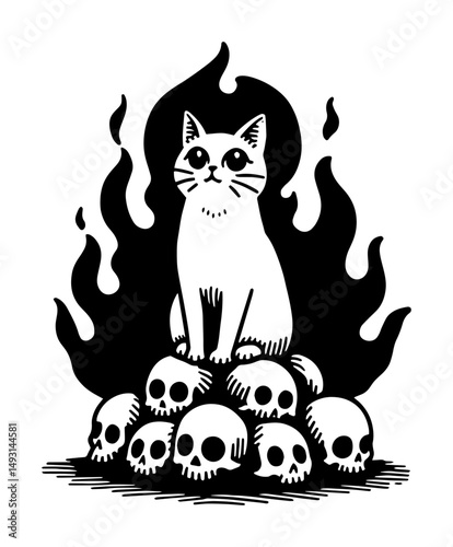 evil cat on skull pile vector engraving in gothic silhouette style
