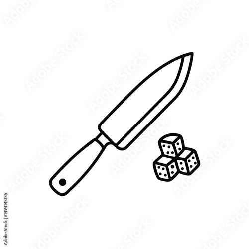 Knife with diced vegetables nearby Black line drawing