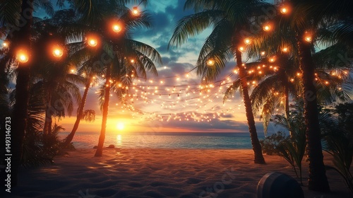 Tropical beach sunset with string lights