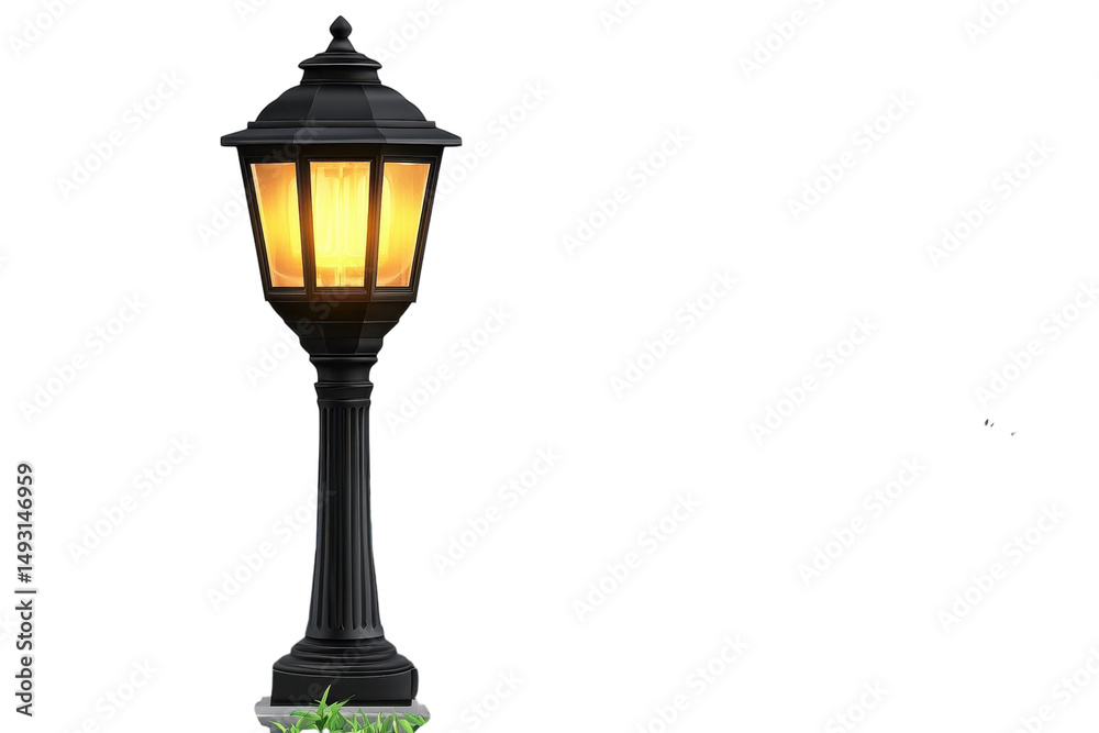 Obraz premium A classic ornate black lamppost glowing warmly guides you home through the night evoking on transparent background