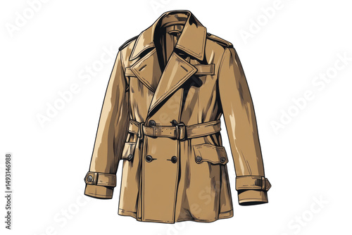 A classic tan trench coat evoking a sense of mystery and old Hollywood glamor perfect for on transparent background
