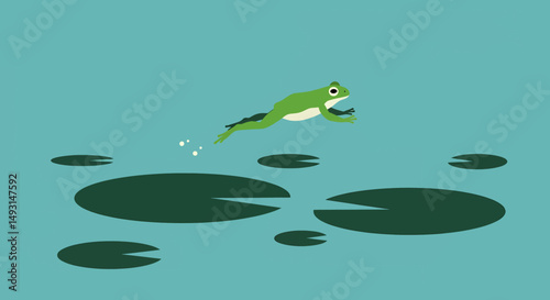 Pixel Frog Jumping In Pond With Lily Pads