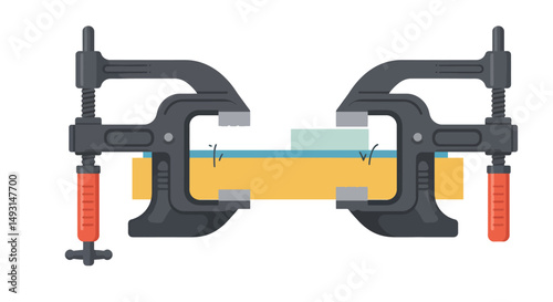 Black Clamps Holding Wooden Board In Pixel Art Illustration